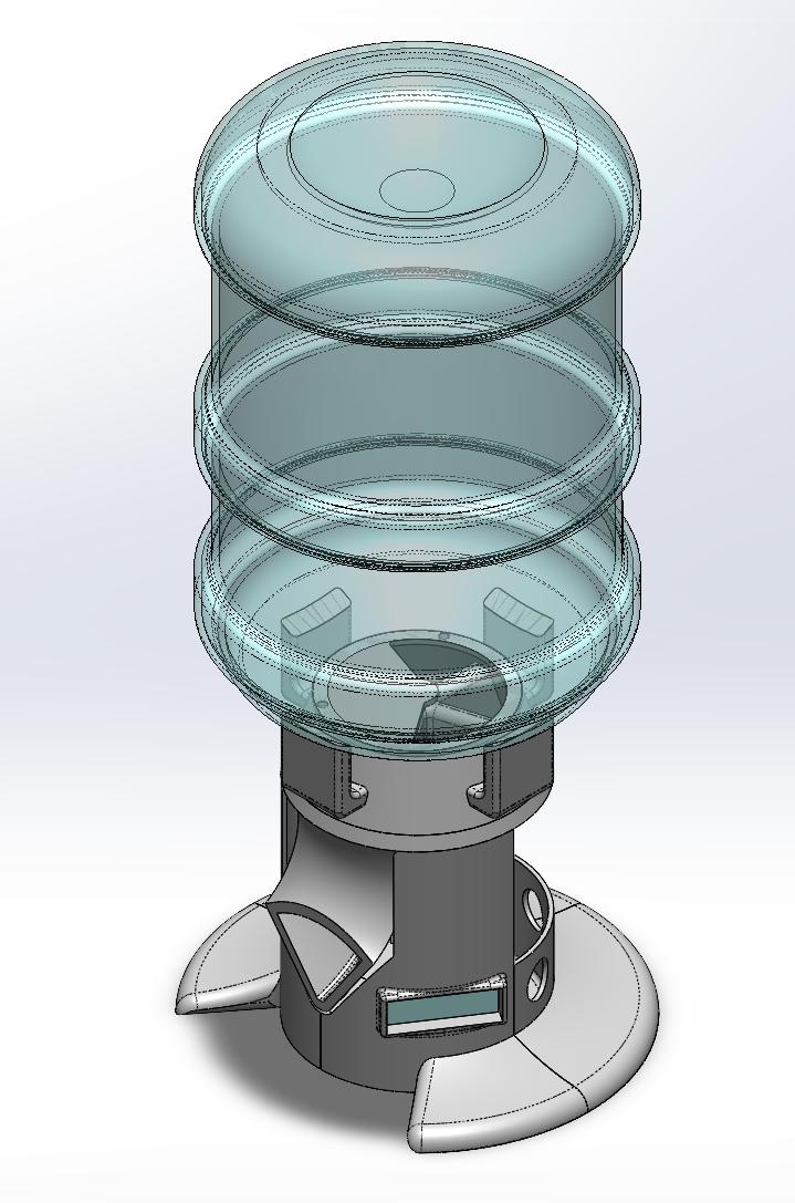 SolidWorks assembly model of the automated dog feeder, showing the hopper and dispensing mechanism